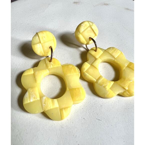 Statement Earrings Polymer Clay Earrings Handcrafted Retro Yellow Checkered - Picture 2 of 6